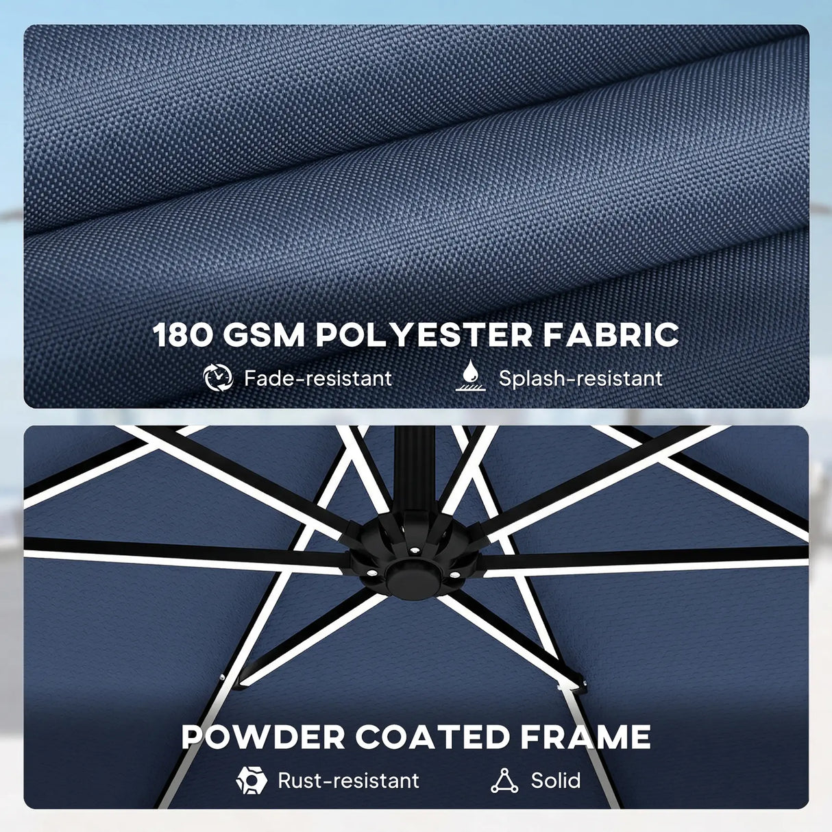 Outsunny 3 m Garden Cantilever Parasol with LED Solar Light, Round Overhanging Umbrella with 360 Rotation, Cover, Navy Blue