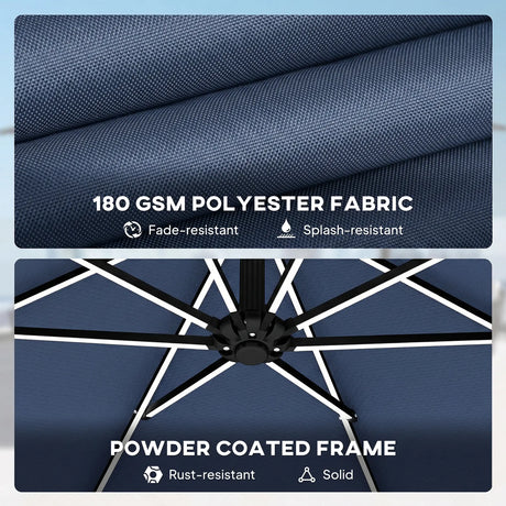 Outsunny 3 m Garden Cantilever Parasol with LED Solar Light, Round Overhanging Umbrella with 360 Rotation, Cover, Navy Blue