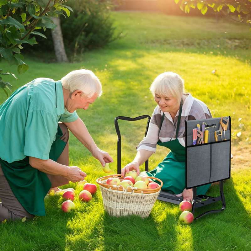 Outsunny 2 in 1 Garden Kneeler Seat, Kneeling Pad Support Bench, Foldable Knee Protector with Tool Bag, Grey