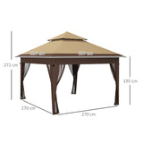 Outsunny 3 x 3(m) Pop Up Gazebo with Mosquito Netting, 1 Person Easy up Marquee Party Tent with 1-Button Push, Double Roof, Carry Bag, Sandbags, Height Adjustable Instant Shelter, Khaki