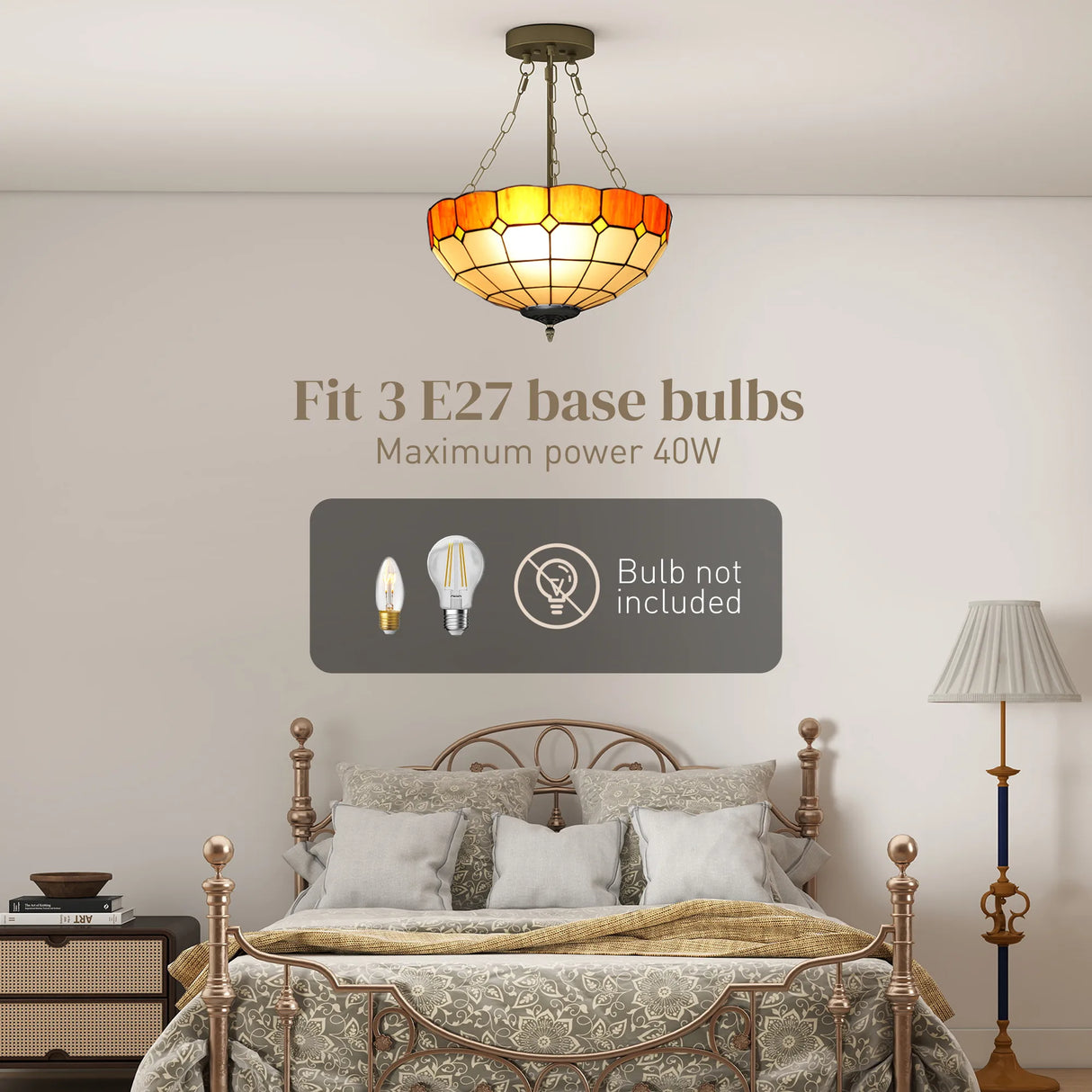 HOMCOM Tiffany Style Ceiling Light, Vintage Chandelier with 3 E27 Sockets, Semi Flush Mount for Living Room, Bulbs Not Included