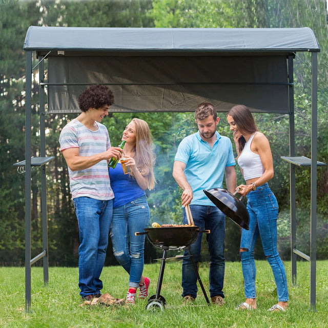 Outsunny 2.2 x 1.4m BBQ Shelter, Outdoor Grill Gazebo Canopy with Shelves, Hanging Hooks, and Metal Frame, for Garden Patio Backyard