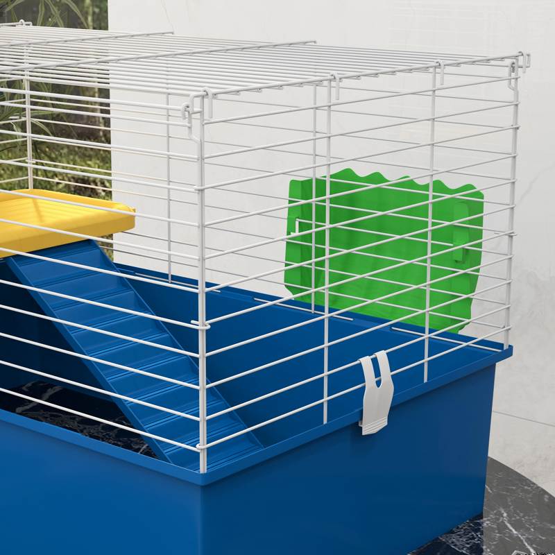 PawHut Chinchillas Small Rabbit Guinea Pig Small Animal Cage, Pet Playhouse, with Platform, Ramp, 71 x 46 x 47cm, Blue