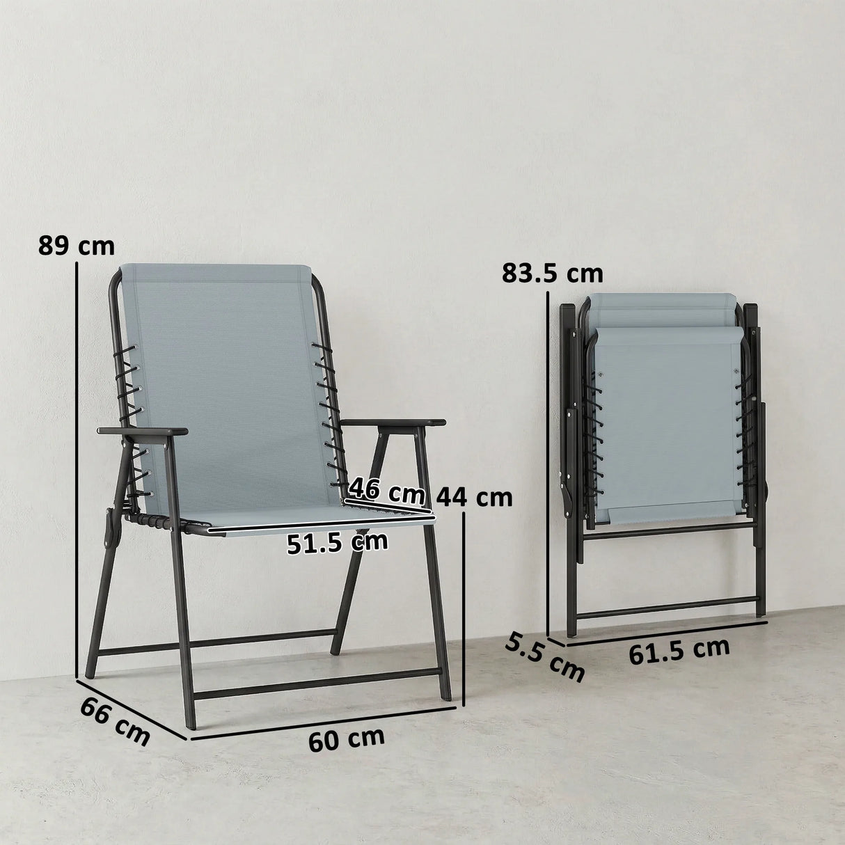Outsunny Folding Garden Chairs Set of 2, Outdoor Dining Chairs with Wide Texteline Seat, High Back and Armrests, Light Grey