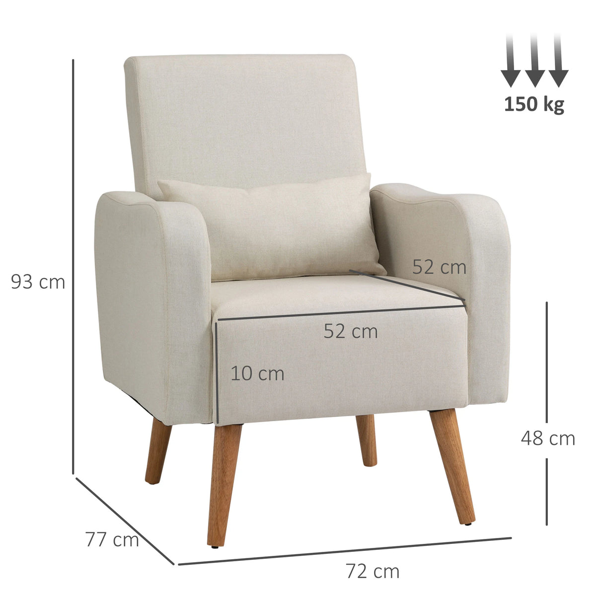 HOMCOM Accent Chair, Linen-Touch Armchair with Pillow, Upholstered Leisure Lounge Sofa for Living Room, Club Chair with Rubber Wooden Frame, Cream