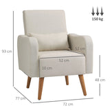 HOMCOM Accent Chair, Linen-Touch Armchair with Pillow, Upholstered Leisure Lounge Sofa for Living Room, Club Chair with Rubber Wooden Frame, Cream