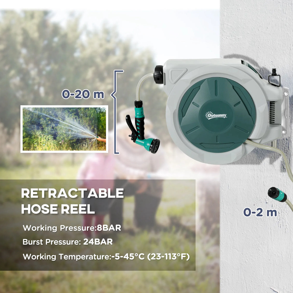 Outsunny Retractable Hose Reel Wall Mounted, 20+2m Garden Hose Pipe Reel with Lock, Auto Rewind, 7 in 1 Spray Nozzle, Includes Wall Fixings, 180 Swivel, Outdoor Watering, Light Grey