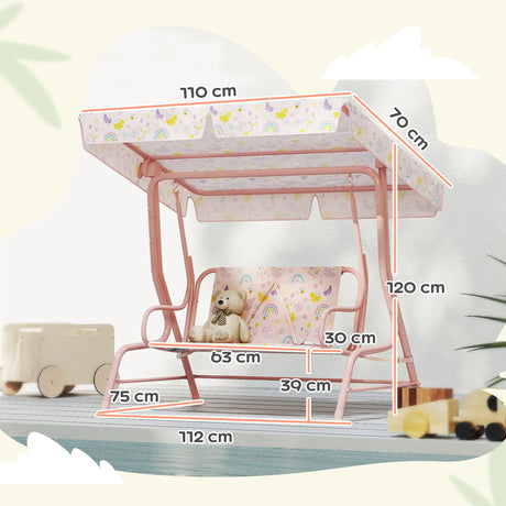 AIYAPLAY Kids Garden Swing Chair with Adjustable Canopy, Safety Belt, 2 Seater Hammock Swing Bench for Patio, Porch, Pink