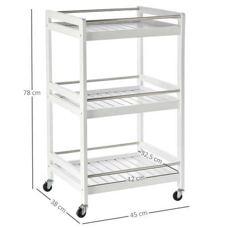 HOMCOM 3-Tier Home Trolley Kitchen Storage Cart w/ Steel Bars 4 Universal Wheels Rolling Unit Organiser Living Room White