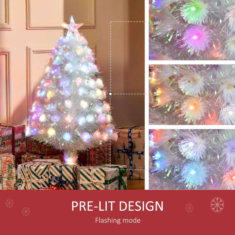 HOMCOM 3FT Pre-Lit Artificial Christmas Tree w/ Fibre Optic LED Lights Holiday Home Xmas Decoration-White