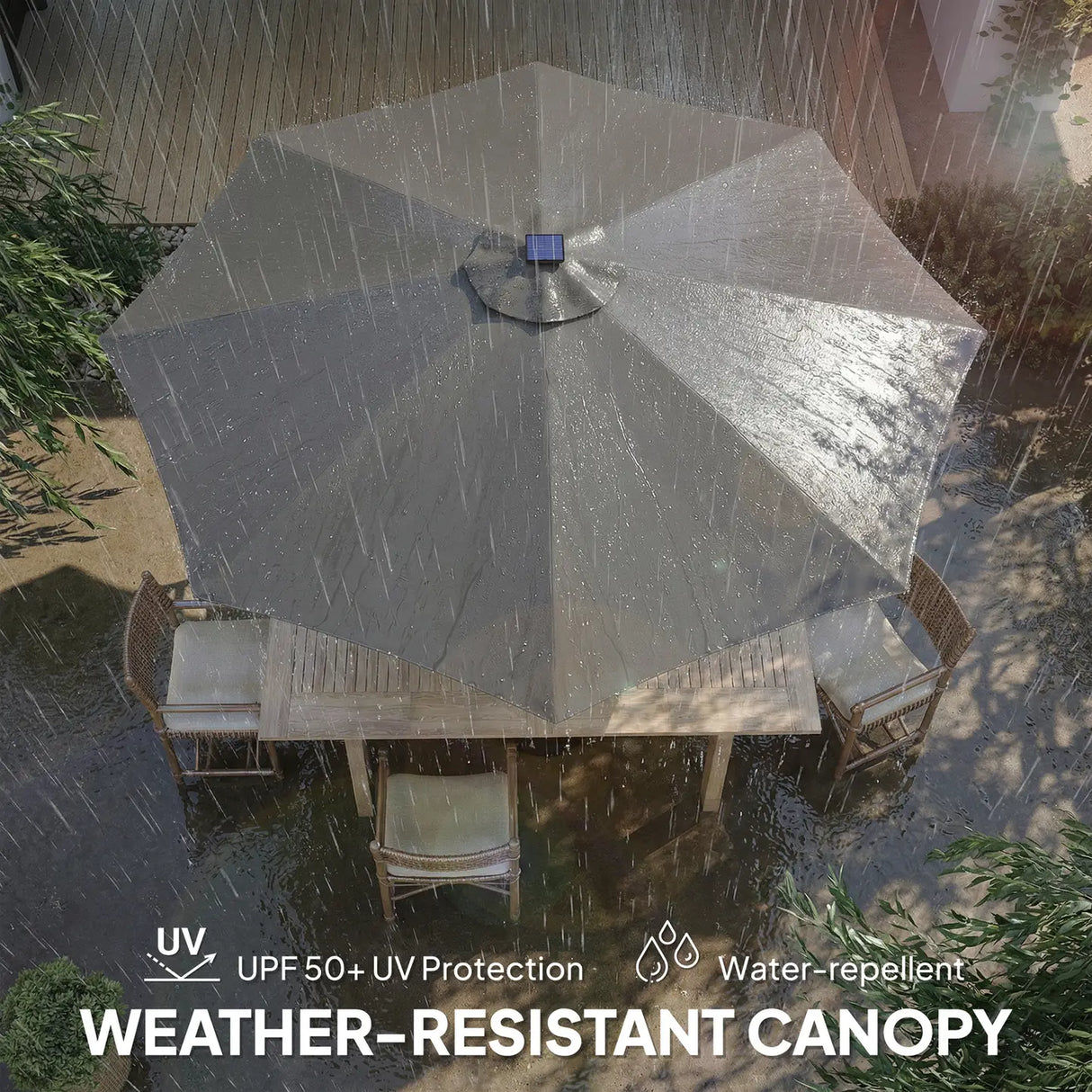 Outsunny 3 m Garden Parasol Umbrella with 112 Solar Powered LED Lights, Patio Umbrella with Crank Handle, Grey