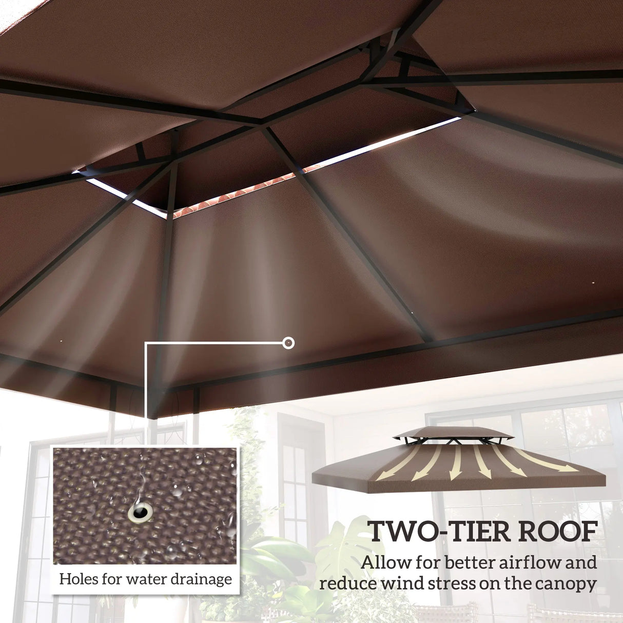 Outsunny 3x4m Gazebo Replacement Roof Canopy 2 Tier Top UV Cover Garden Patio Outdoor Sun Awning Shelters, Brown  (TOP COVER ONLY)