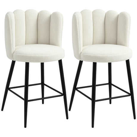 HOMCOM Bar Stools Set of 2, Faux Cashmere Upholstered Breakfast Bar Chairs, Modern Kitchen Stools with Backs, Footrest and Steel Base, Cream