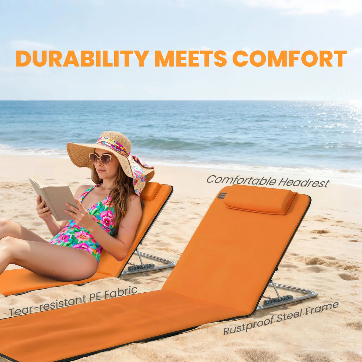 Outsunny Set of Two Metal Frame Beach Chairs, with Reclining Backs - Orange