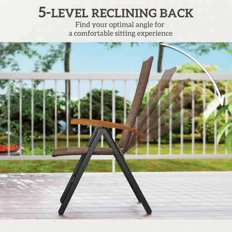 Outsunny Folding Rattan Garden Dining Chair with 5-level Reclining High Back, Wood Armrests for Outdoor, Patio - Brown