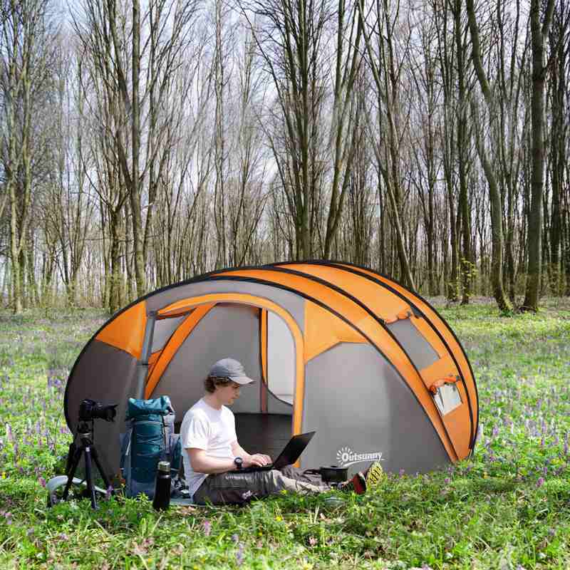Outsunny 4 Person Pop-up Camping Tent Family Tent with Ground Sheet, 4 Windows and Portable Carry Bag for Beach Outdoor Trip, Orange