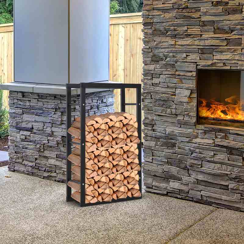 HOMCOM Metal Firewood Log Holder Tall Firewood Rack Indoor Outdoor Fireplace Wood Storage Shelf with Side Rails, Rust-Resistant, Black, 60W x 25D x 100H cm