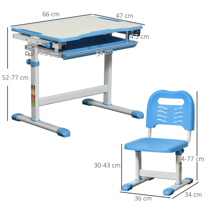 HOMCOM Kids Desk and Chair Set, Height Adjustable Student Writing Desk, Children School Study Table with Tiltable Desktop, Drawer, Pen Slot, Hook - Blue