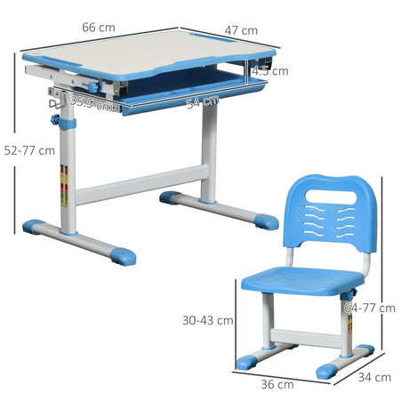 HOMCOM Kids Desk and Chair Set, Height Adjustable Student Writing Desk, Children School Study Table with Tiltable Desktop, Drawer, Pen Slot, Hook - Blue