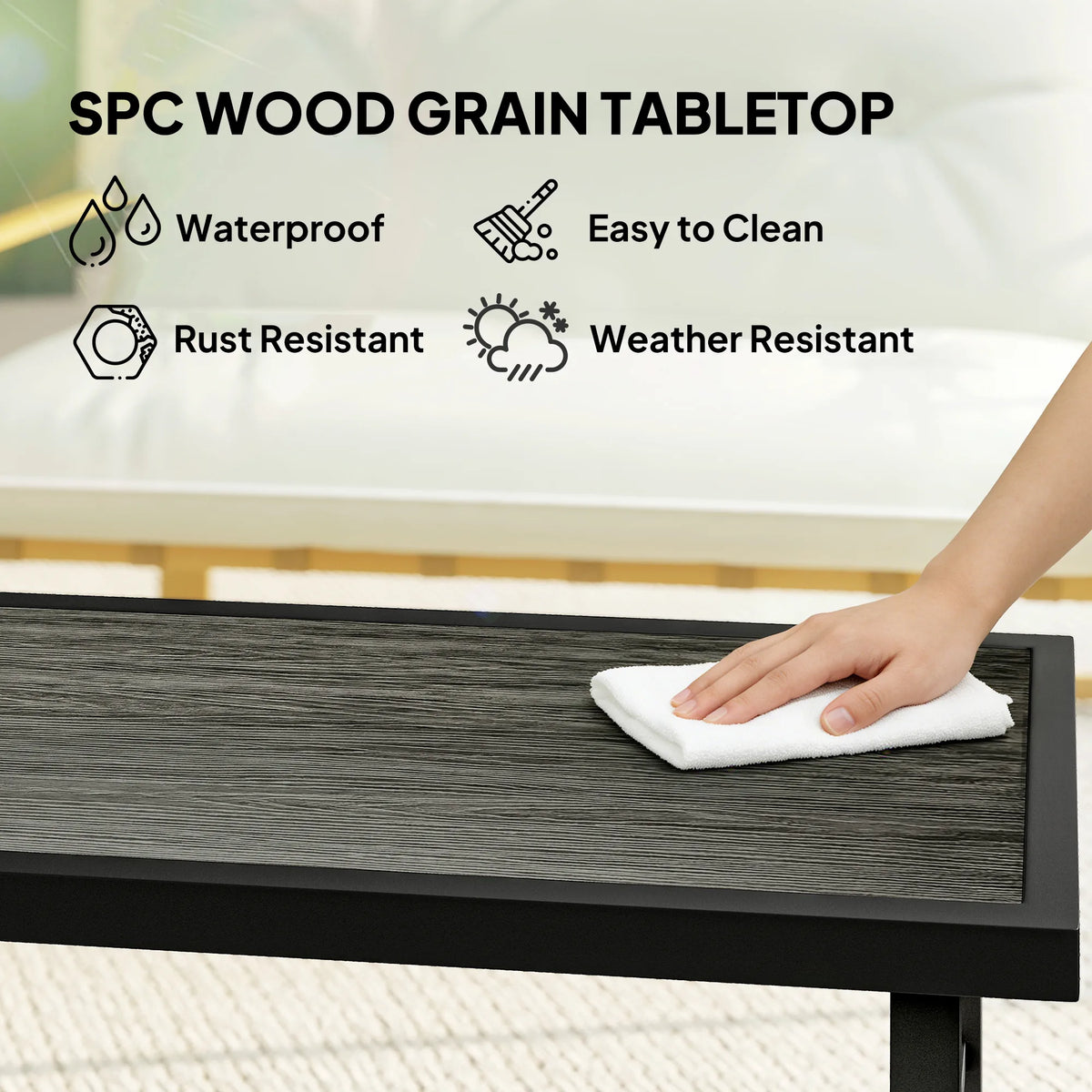Outsunny Metal Garden Coffee Table, Outdoor Side Table with SPC Woodgrain Tabletop for Outside, 100 x 52 x 46cm, Dark Grey