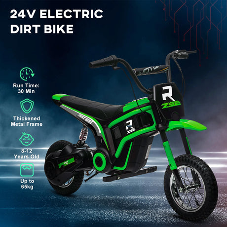 HOMCOM 24V Electric Motorbike with Twist Grip Throttle, Music, Horn, 12" Pneumatic Tyres, 16km/h Max Speed - Green