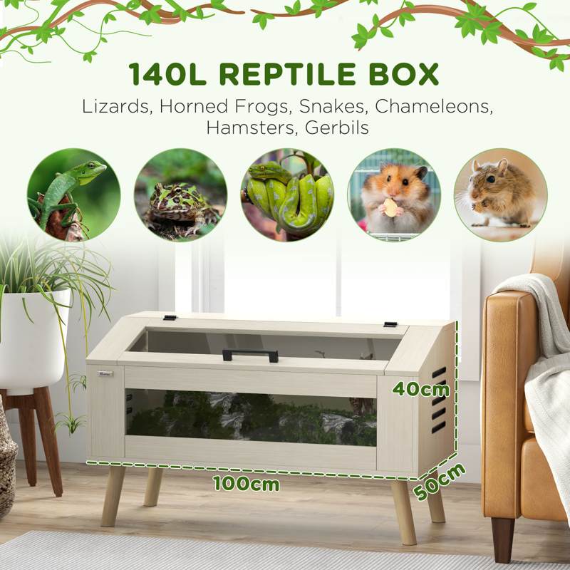 PawHut 140L Vivarium for Snakes, Lizards, Horned Frogs, Chameleons, Hamsters, Gerbils with Tempered Glass Windows