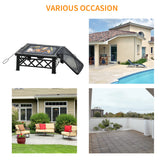 Outsunny Large Outdoor Fire Pit Table, 3 in 1 Square Wood Burning Firepit Metal Brazier, BBQ Grill, Ice Bucket w/ Grill Grate, Log Grate, Lid, Poker for Garden, Camping, Bonfire, 76 x 76 x 47cm, Black