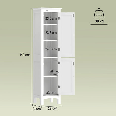 kleankin Tall Bathroom Storage Unit, Slim Bathroom Cabinet with Adjustable Shelves and Double Door, White