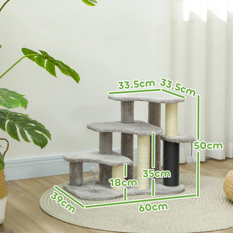 PawHut 2-in-1 Cat Tree, Pet Stairs w/ Scratching Post, Toy Balls, for Bed, Sofa, Couch, Light Grey