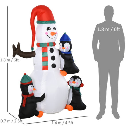 HOMCOM 6ft Inflatable Christmas Snowman with Three Penguins LED Xmas Décor Holiday Outdoor Yard Decoration