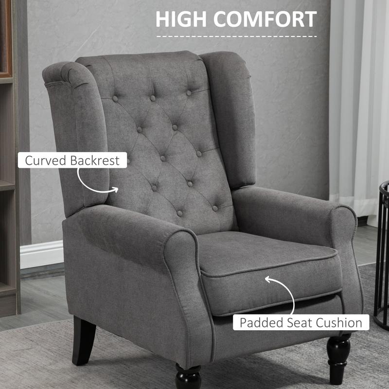 HOMCOM Retro Accent Chair, Wingback Armchair with Wood Frame Button Tufted Design for Living Room Bedroom, Dark Grey