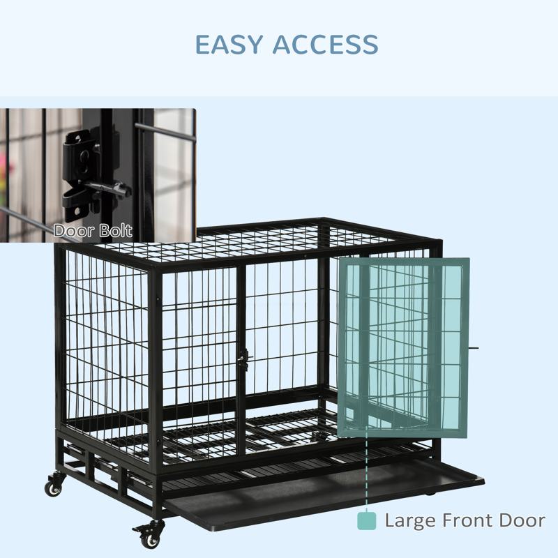 PawHut 38" Heavy Duty Metal Dog Crate Pet Cage with Tray Wheeled Dog Kennel - Black (Medium)