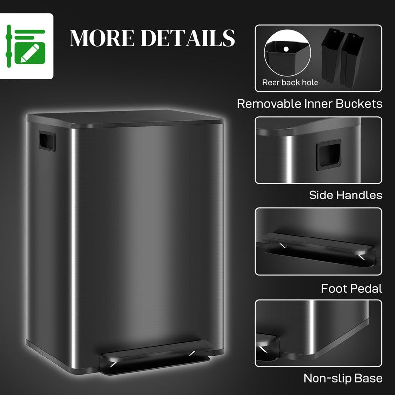 HOMCOM 60L Dual Compartment Stainless Steel Bin, with Deodoriser Holders - Black