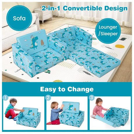 2-in-1 Toddler Fold-Out Couch Convertible Sofa with Side Pockets-Blue