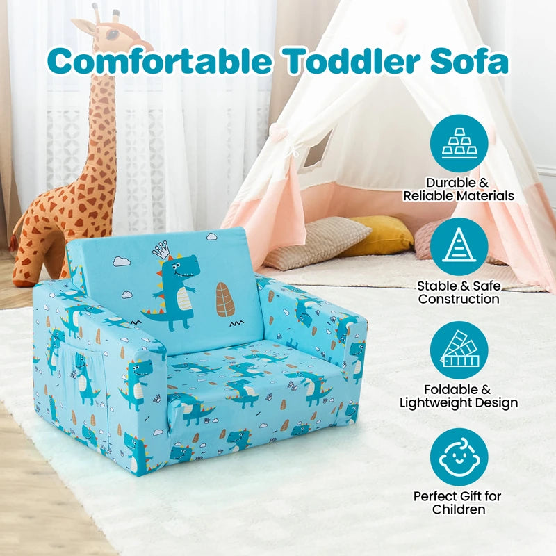 2-in-1 Toddler Fold-Out Couch Convertible Sofa with Side Pockets-Blue