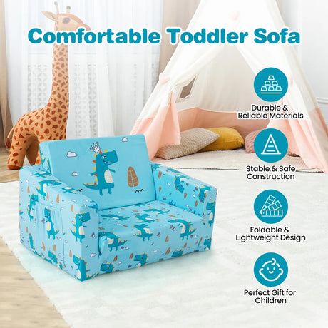 2-in-1 Toddler Fold-Out Couch Convertible Sofa with Side Pockets-Blue
