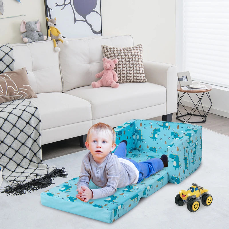2-in-1 Toddler Fold-Out Couch Convertible Sofa with Side Pockets-Blue