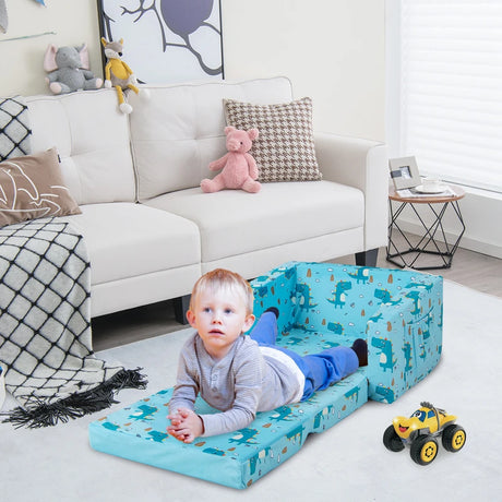 2-in-1 Toddler Fold-Out Couch Convertible Sofa with Side Pockets-Blue