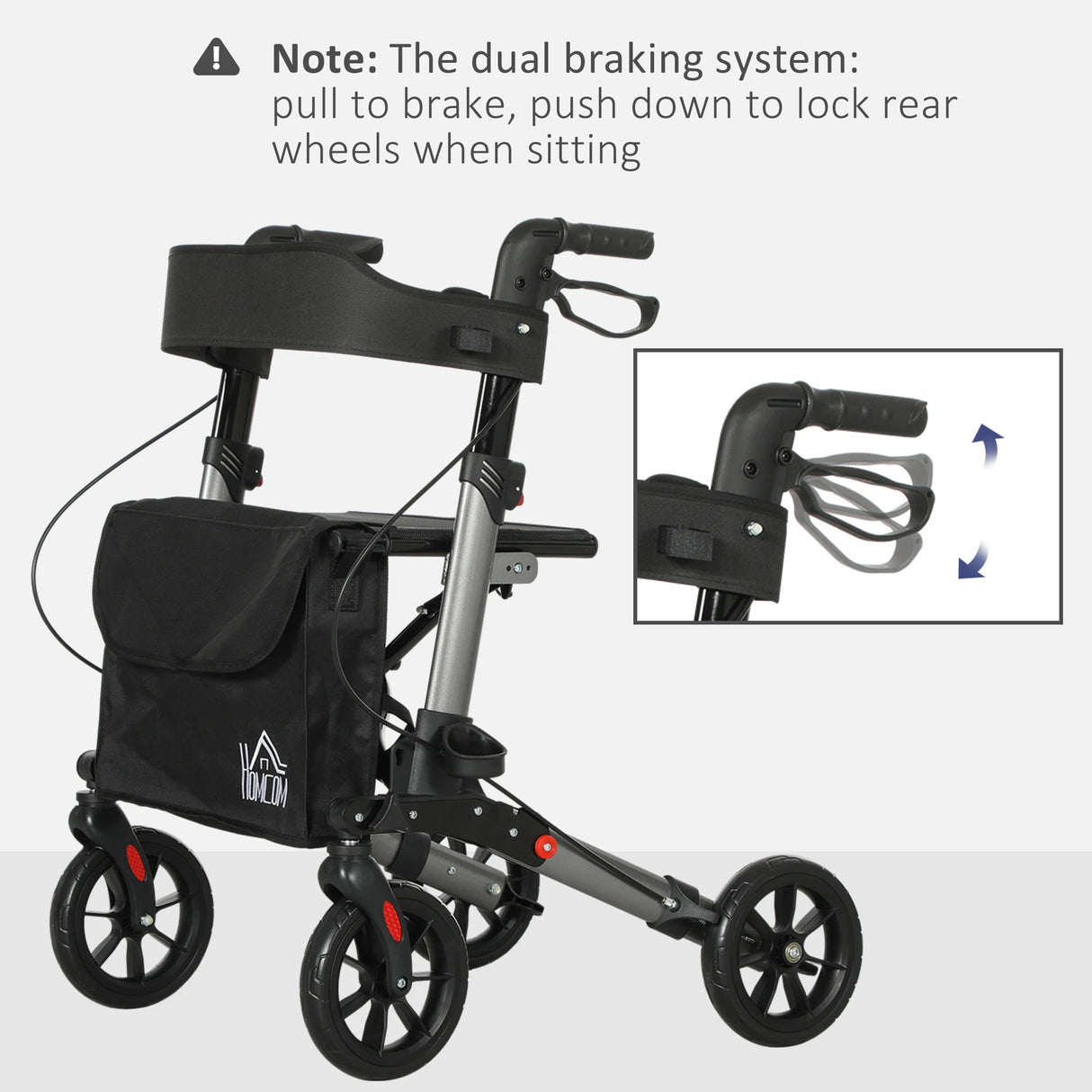 HOMCOM 4 Wheel Rollator with Seat and Back, Folding Mobility Walker with Carry Bag, Adjustable Height, Dual Brakes, Cane Holder, Lightweight Aluminium Walking Frame for Seniors and Disabled, Silver