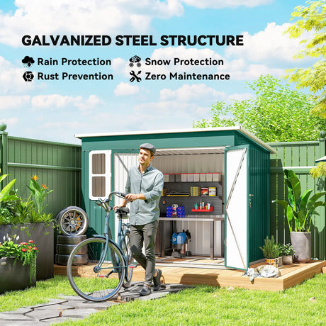 Outsunny 8.5 x 6ft Storage Shed Galvanised Steel Garden Shed, Metal Shed with Foundation Kit, Window, Lockable Wide Doors and Air Vents for Outdoor Patio, Green