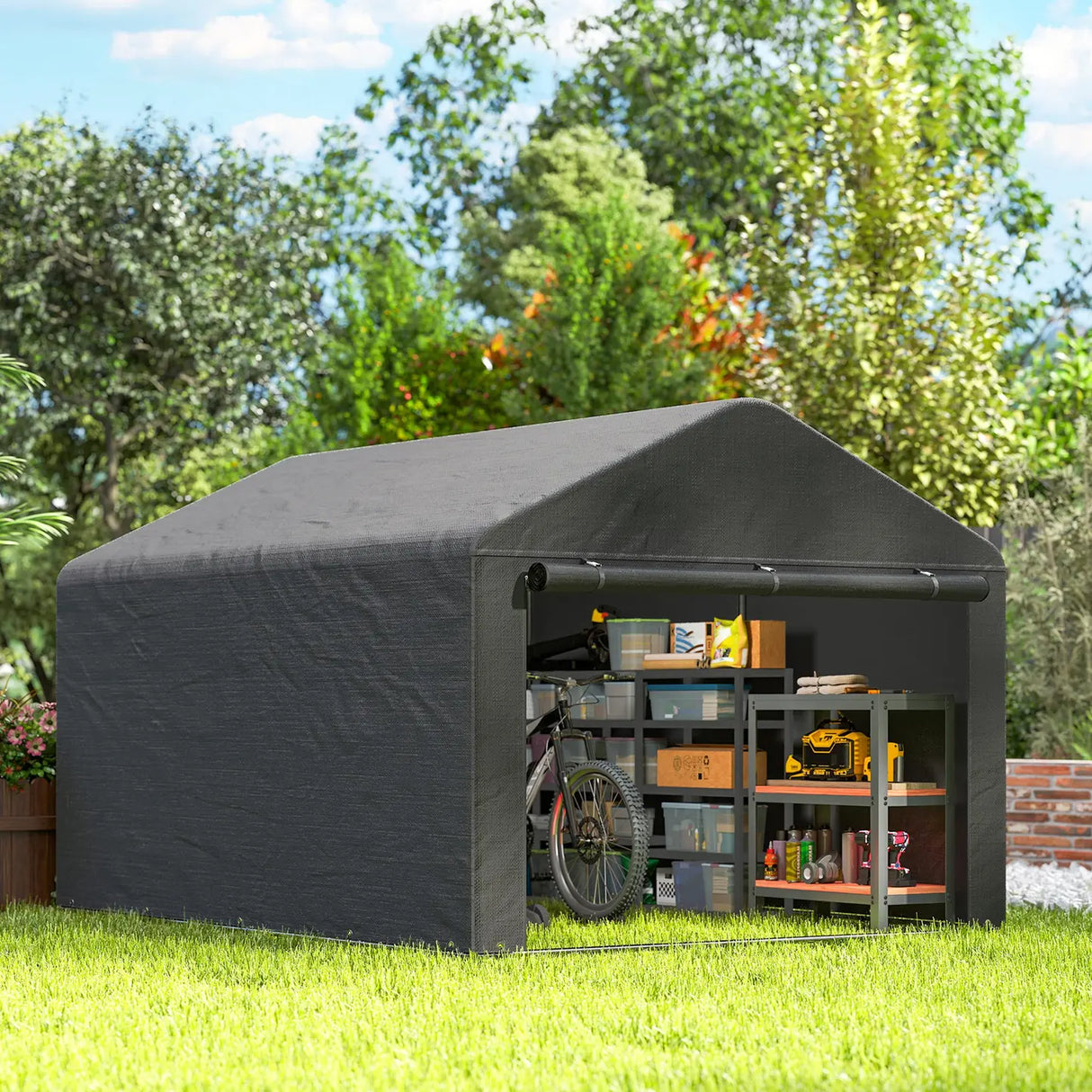 Outsunny 6.6 x 7.8ft Outdoor Garden Storage Shed, Waterproof Bike Tent with Roll-up Zipper Door, Galvanised Metal Frame, Portable Shed Shelter Carport for Motorcycle Garden Tools, Dark Grey