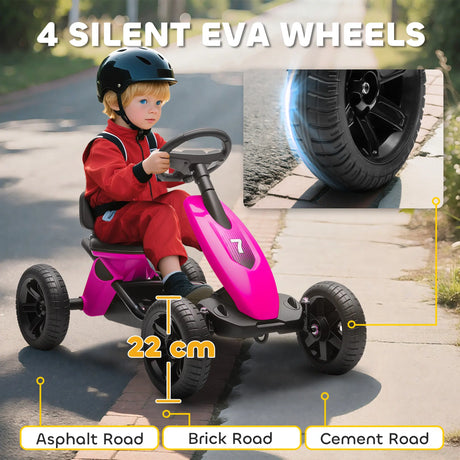 AIYAPLAY Pedal Go Kart for Kids 2-5 Years, with Silent EVA Wheels, Metal Frame, Pink