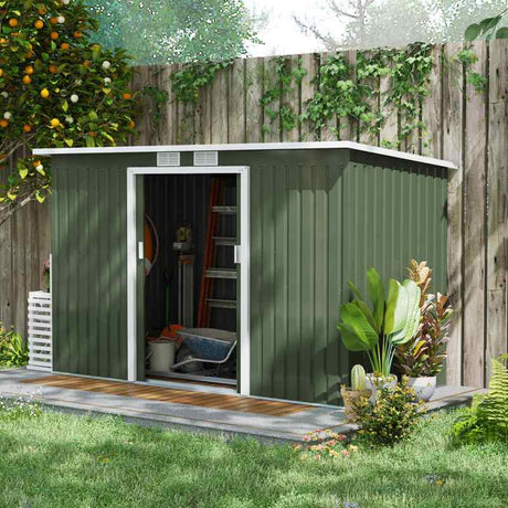 Outsunny 9ft x 4ft Metal Garden Shed, Outdoor Tool House with Foundation Kit, Ventilations and Double Doors, Light Green