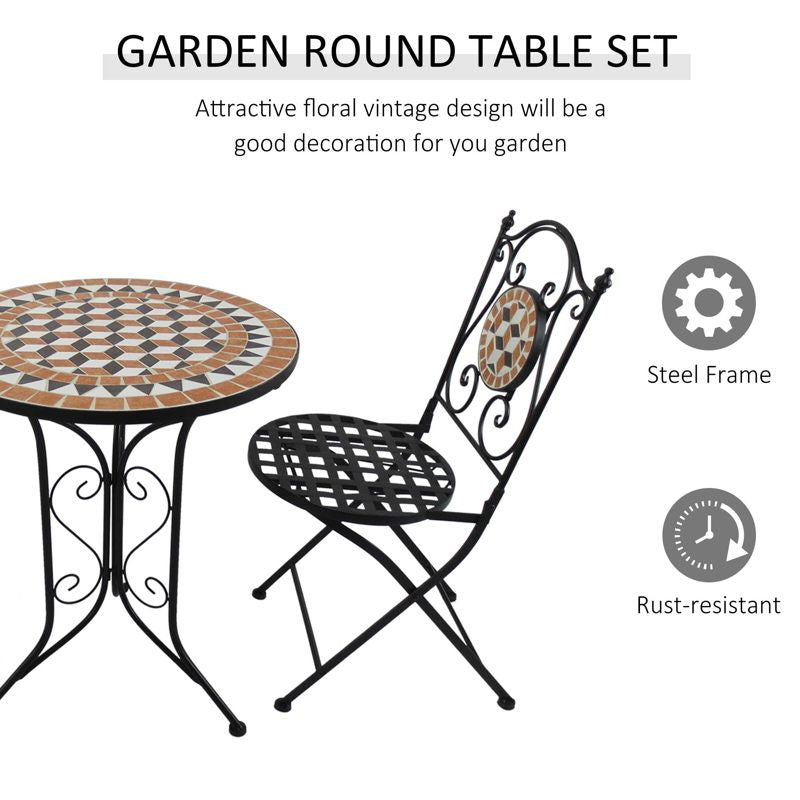 Outsunny 3 PCs Garden Mosaic Bistro Set Outdoor Patio 2 Folding Chairs & 1 Round Table  Outdoor Furniture Vintage