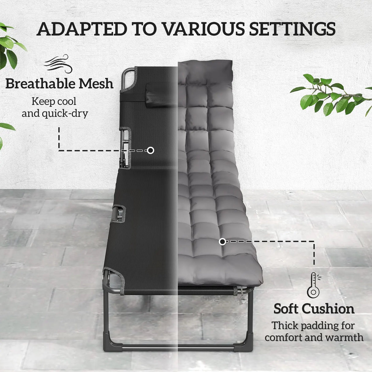 Outsunny Folding Sun Loungers for Garden Set of 2, 5-Position Oversized Camping Bed Recliner with Cushions, Dark Grey