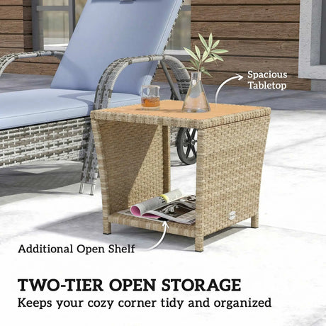 Outsunny Side Table 2-Tier Outdoor Coffee Table with Storage Shelf PS Wood Slat Top/Khaki