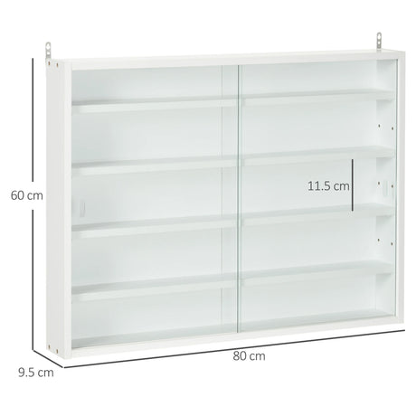 HOMCOM 5-Tier Wall Display Shelf Unit Cabinet w/ 4 Adjustable Shelves Glass Doors Home Office Ornaments 60x80cm White