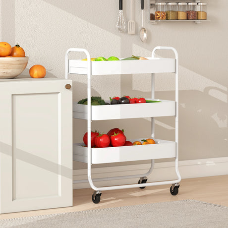HOMCOM 3-Tier Storage Trolley on Wheels, Rolling Utility Cart with Mesh Backets for Kitchen, Bathroom, Bedroom, White