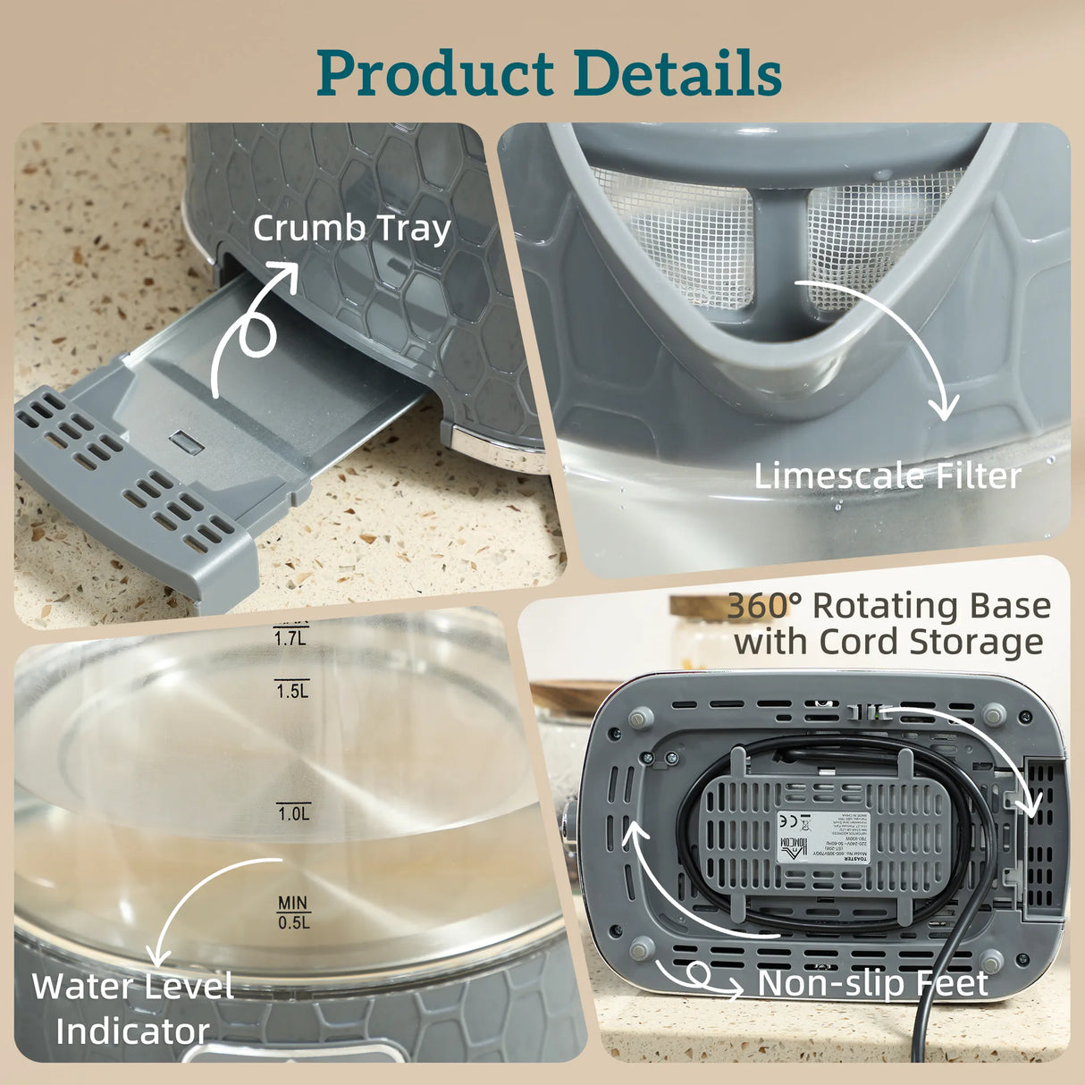 HOMCOM Kettle and Toaster Set, 1.7L 3000W Rapid Kettle with Limescale Filter, 2 Slice Toaster with 7 Browning Controls, Grey