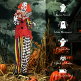 Outsunny 173 cm Life Size Halloween Animated Standing Clown & Hammer with Red Light Up Eyes, Sound Activated Moving Arms & Head, Scary Clown Halloween Decorations, Battery Operated, Indoor Party Props
